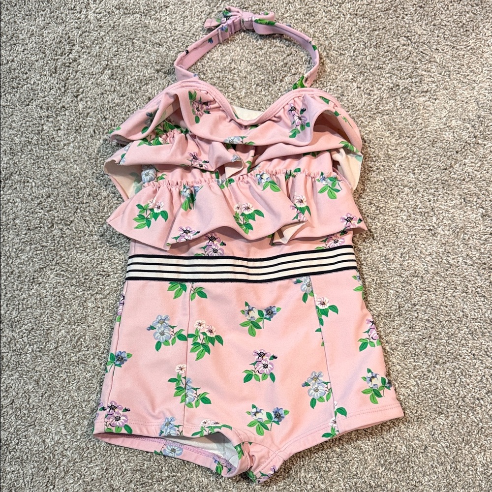 Janie and Jack - Floral pink ruffle boycut vintage style swimsuit - size 5
